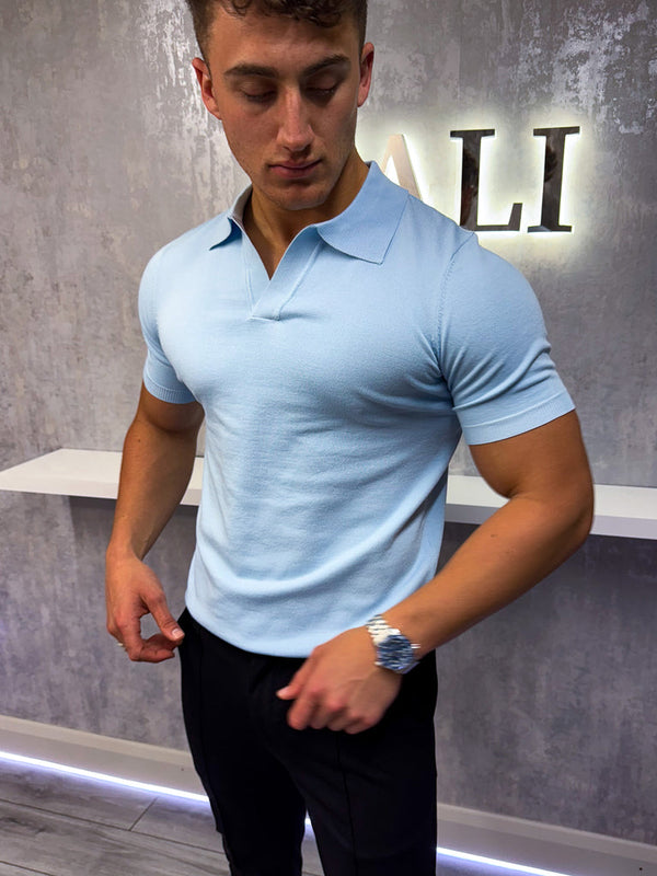 Cuban Collar Polo Shirt - Baby Blue